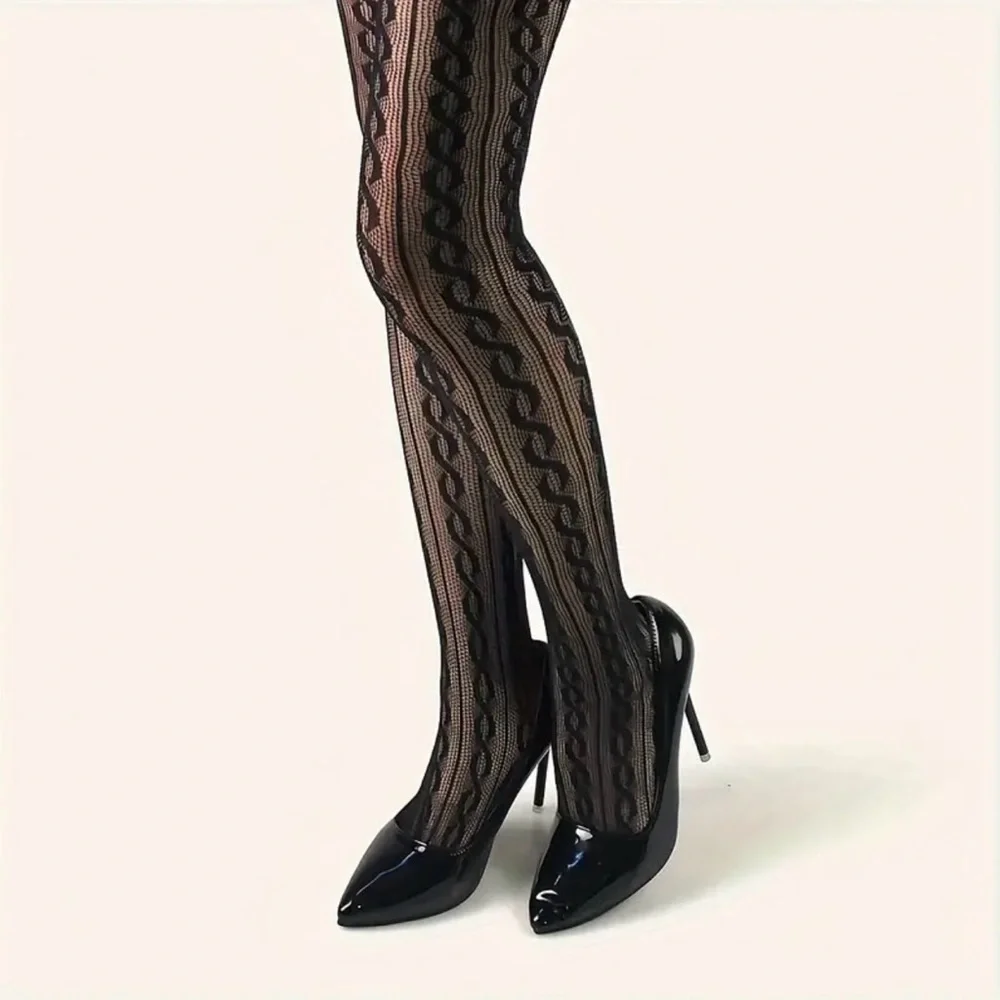 Twist Pattern Black Pantyhose,‎ Sexy Slim Fit Footed Pantyhose One Size